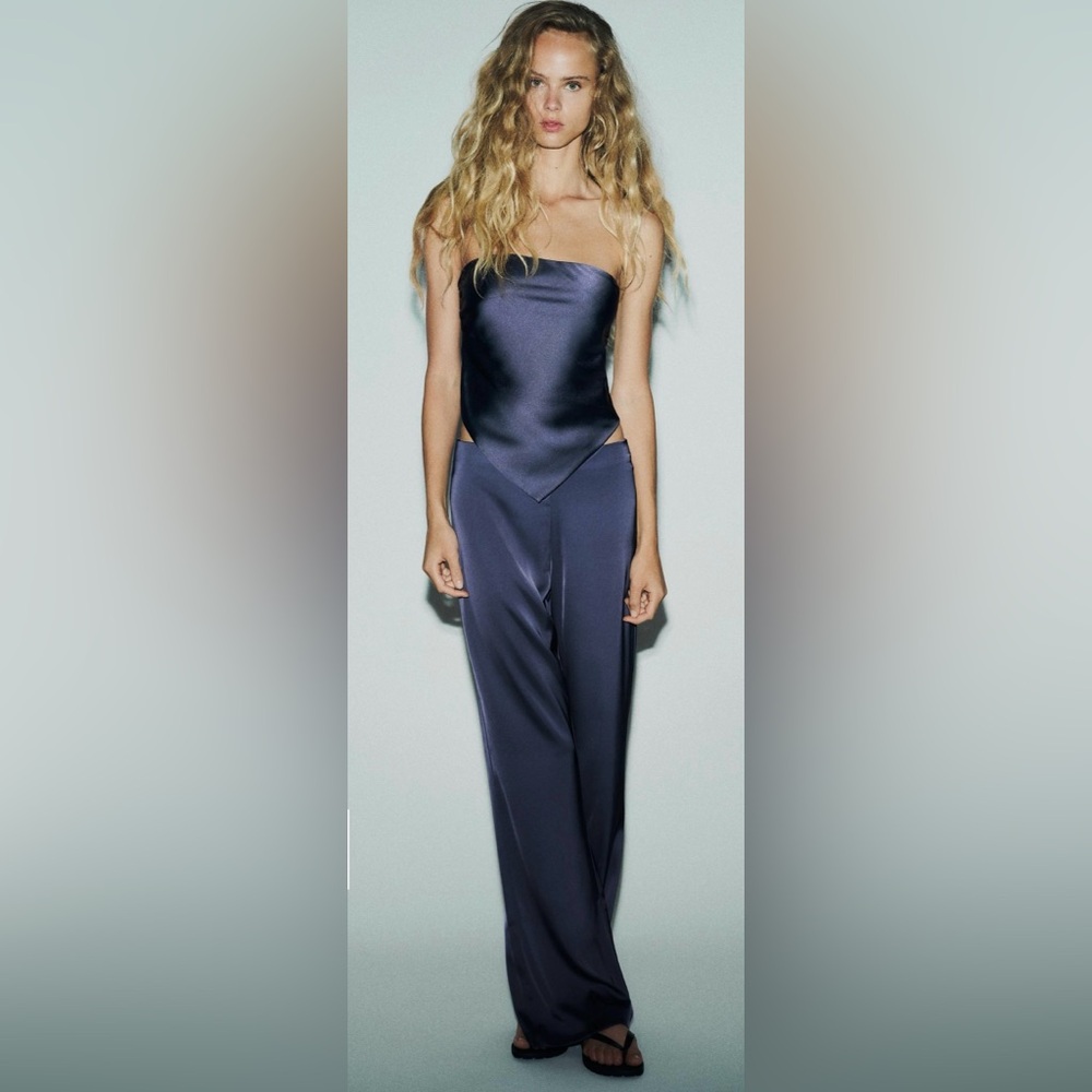 Zara Midnight Blue High-Waisted Satin Pants and top